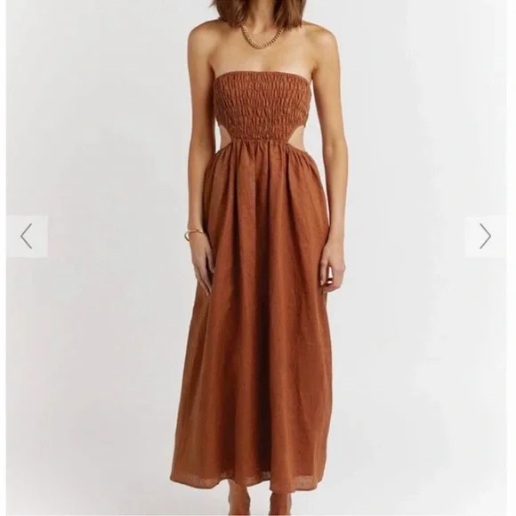 DISSH | Dresses | Dissh Midi Dress Nell Spice 0 Linen Brown Orange Cut Outs  Shirred Strapless 8 | Poshmark